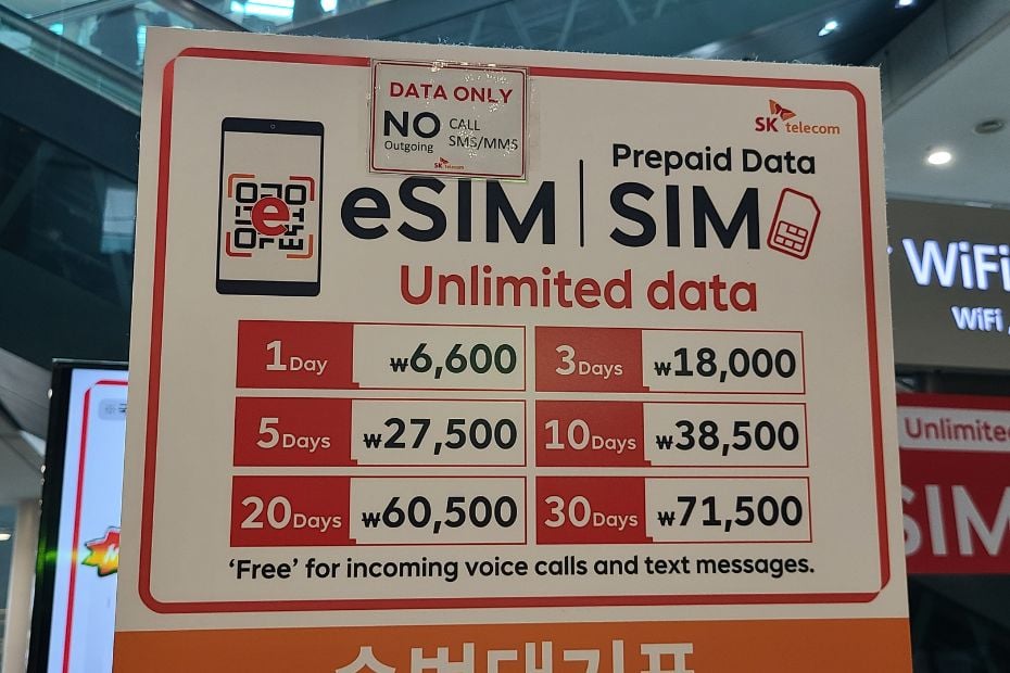 Korean SIM Cards And Tourist ESIMs At Incheon Airport 2024 10 SK Telecom SIM card prices